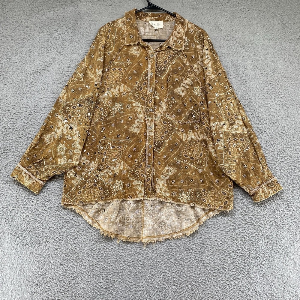 Oli & Hali Top Womens Small Brown Paisley Bandana Button Up Oversized Boho
